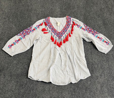 Chicos Womens White Pinstriped Tassel Trim Embroidered Boho Festival Top Size 0 picture