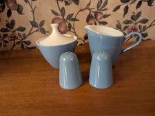 4-VINTAGE HOMER LAUGHLIN RICHELIEU BLUE CREAMER, SUGAR BOWL LID, SALT/PEPPER  picture