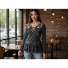 Mystree women Gray Long Sleeve Tunic Embroidered Boho M Anthropologie  Size M picture