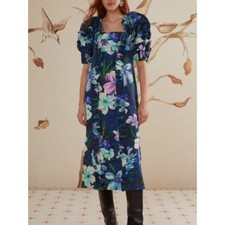 NWT FARM Rio Floraline Ruffle Midi Dress Blue Purple Floral Cotton Size S picture