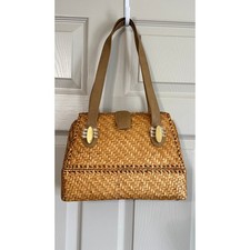 Vintage Rodo Woven Straw Handbag Tan Basketweave Lucite Gold Accents Boho Summer picture