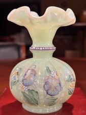 Gorgeous Fenton Pansy Sea Green Iridized Beaded Melon Vase 1998 Hand Painted picture