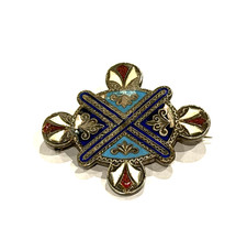 ANTIQUE VICTORIAN SCOTTISH ST ANDREWS CROSS RED BLUE CHAMPLEVE ENAMEL SILVER PIN picture