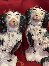Antique Victorian Staffordshire Spaniels Pair, Black & White (England C. 1850) picture