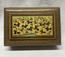 VTG Persian Khatam Large Handmade Inlaid “ Hunting Scene “ Jewelry Trinket Box picture