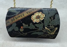 Antique French Papier Mache Snuff Box Floral Black Lacquer Gold EN DÉSIREZ VOUS picture