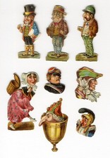 FUNNY FACES Silly People 1880's VICTORIAN 8 Die Cuts MEN Jester WOMAN Comic picture