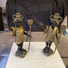 Pair Antique Bronze Blackamoor Candle Holders Venetian Figural Candlesticks 16” picture