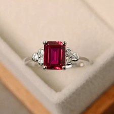 AAA 2.55 Ct  Emerald Cut Ruby & Diamond Engagement Ring 14k Solid White Gold picture
