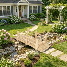 Rustic Log Wood Garden Footbridge Wooden Pond Bridge with Railings for Outdoor picture