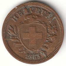 1853 Switzerland Rappen Bronze Scarce Date Nice Free US Shipping picture