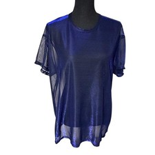 Torrid Oil Slick Mesh Crew Neck Relaxed Tee Iridescent Blue Black Sheer picture