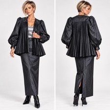 Vintage 80s Vamp Skirt Suit Set M Black Moire Pleated Jacket Avant Garde picture
