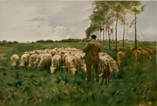 Vintage 1924 Anton Mauve Spring Print Shepherd Sheep Pastoral Landscape 11x16 picture