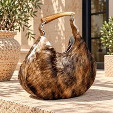 Brindle Cowhide Hobo Bag, Genuine Hair on Hide Purse, Wooden Handle Leather Bag picture