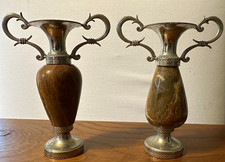 Pair VTG  4.5 in onyx amphora Vases w/Polished silver toned Mounts picture