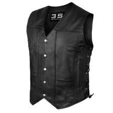 Mens Genuine Leather 10 Pockets Motorcycle Biker Vest Laces Black Brown All Size picture