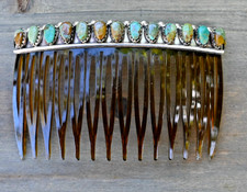 New Navajo by D Benally Hair comb beret Sterling & 13 Mojave Turquoise  3 inch picture