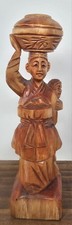 Vintage Hand Carved Wood Asian Woman Carrying Pot & Child Statue 8.5