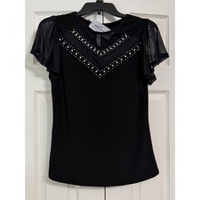 NWT NY Collection Black Mesh Flutter Sleeve Top Size Small picture