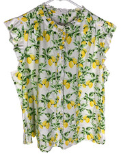 Ann Taylor Loft Lemon Print Tank Top Large Button Down Ruffle Cotton Blend picture
