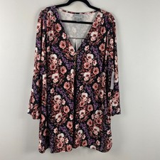 Catherines Dream Drape Zip V-Neck Top Size 3X Tunic Black Floral Stretch picture