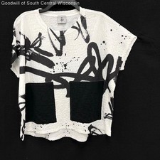 Women's INOAH Monochrome Boho Art To Wear Boxy Tee-Shirt Blouse w/ Pockets Sz L picture