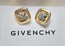 Vintage Clip Earrings SIGNED GIVENCHY 1978 Paris NY Rhinestone Button Cross  picture