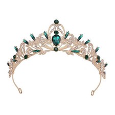 Gold & Green Crystal Tiara Crown Vintage Women Wedding Birthday Party Headpiece picture