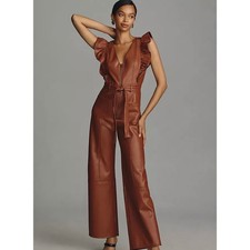 Maeve Anthropologie Faux Leather Ruffle Wide Leg Jumpsuit Cognac Brown Zipper picture