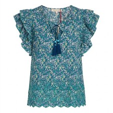 NEW Solitaire Women's Small Blue Floral Ruffle Sleeve Tassel Tie Boho Top picture