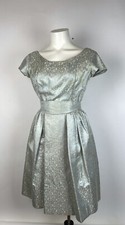 VTG 1950's Fit and Flare Silk Jacquard Floral Blue Silver Dress Box Pleats M 34