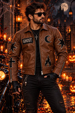 Men’s Brown Genuine Leather Halloween Jacket Gothic Patch Party Costume picture