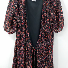 Sadie & Sage Womens L Black Floral Chiffon Wrap Dress Puff Sleeve Tie WaistLined picture