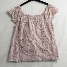 Adiva Women’s Medium Pink Eyelet Embroidered Cotton Blouse Boho Peasant Top picture