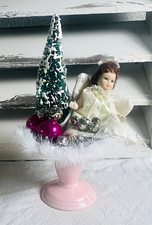 Christmas Vintage Assemblage Angel Figurine w/ Mini Bottle Brush Tree  picture