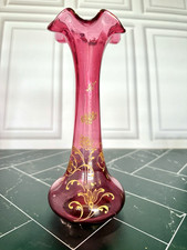 Antique Moser Style Cranberry Glass Vase Bohemian Gold Gilt Floral Ruffled Rim picture