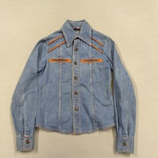 Vintage Faded Glory Jacket Womens XS Blue Denim Western Shirt Orange Trim snap picture