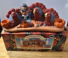 1995 Hermitage Pottery Thanksgiving Turkey Pilgrim Candle Holder DF-511 Box picture