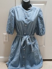 NWT GAP Womens Blue Denim Button Front Belted Midi Shirt Dress 3/4 Sleeve Size M picture