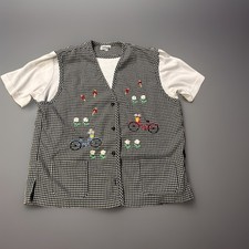 Vintage Bon Worth 2 in 1 Shirt Vest M-L Black White Gingham Embroidered Bicycle  picture