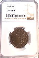 1838 Coronet Head One Cent Piece 1C NGC XF45 BN Exceptional Detail picture