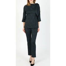 HILTON HOLLIS Blouse Jacquard Black Blue Sleeve Boatneck Tie neck Medium picture