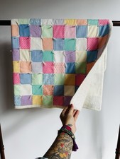 Vintage Handmade Rag Quilt 50x38 Patchwork Pastel Squares Chenille Throw Blanket picture