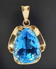 Vintage 14K Yellow Gold Large Pear Swiss Blue Topaz Pendant Approx 10 Ct picture