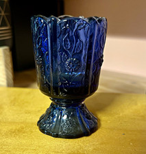 VTG Tiara Indiana Glass Cobalt Blue Daisies Footed Votive Candle Holder Goblet picture