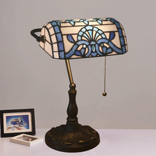 Vintage Tiffany Style Blue Stained Glass Bankers Desk Lamp with Alloy Base picture