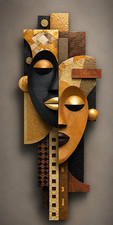 Gold Black Abstract African Face Wall Art, Modern Geometric Portrait Painting picture