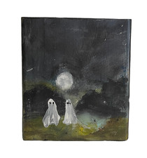 Hand-painted Spooky Ghost Duo Mini Art Block Original Night Scene picture