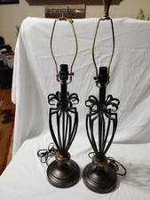 Pair Vintage Black Metal Open Cage Table Lamps Wrought Iron picture